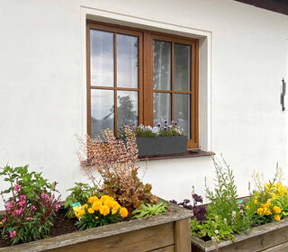 Bunte Blumenkästen schmücken die Baude